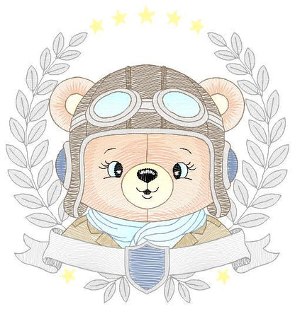 Pilot Bear frame embroidery designs - Aviator Teddy Bear with googles laurel embroidery design machine embroidery pattern - instant download
