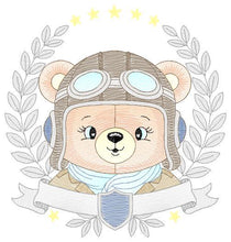 Load image into Gallery viewer, Pilot Bear frame embroidery designs - Aviator Teddy Bear with googles laurel embroidery design machine embroidery pattern - instant download
