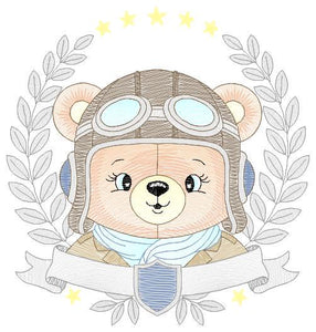 Pilot Bear frame embroidery designs - Aviator Teddy Bear with googles laurel embroidery design machine embroidery pattern - instant download