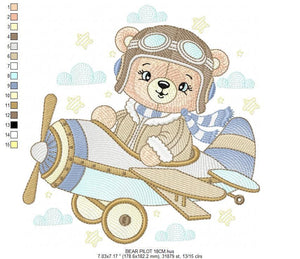 Pilot Bear embroidery designs - Plane embroidery design machine embroidery pattern - Aviator Teddy Bear embroidery file - instant download