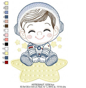 Astronaut with star rippled embroidery designs - Baby boy at space embroidery design machine embroidery pattern - instant download pes jef