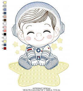 Astronaut with star rippled embroidery designs - Baby boy at space embroidery design machine embroidery pattern - instant download pes jef