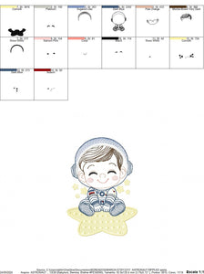 Astronaut with star rippled embroidery designs - Baby boy at space embroidery design machine embroidery pattern - instant download pes jef