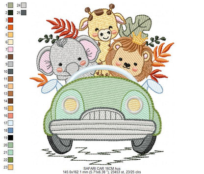 Safari animals in a car embroidery designs - Elephant Lion Giraffe embroidery design machine embroidery pattern - instant download pes jef