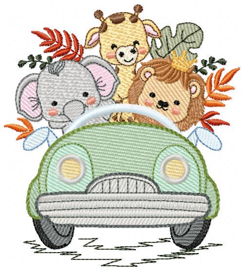 Safari animals in a car embroidery designs - Elephant Lion Giraffe embroidery design machine embroidery pattern - instant download pes jef