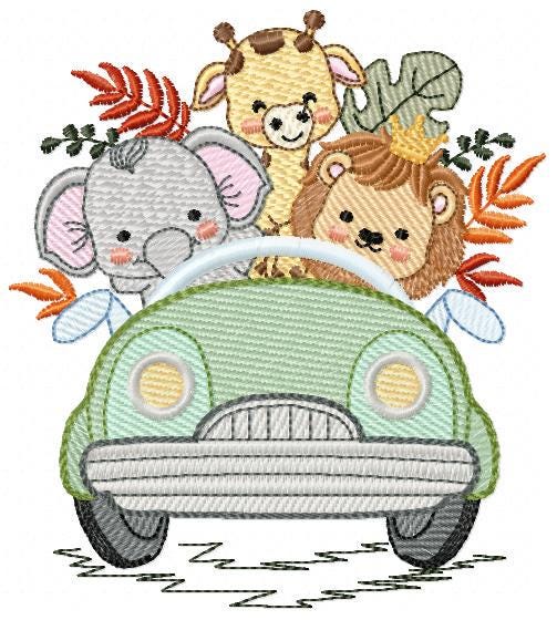 Safari animals in a car embroidery designs - Elephant Lion Giraffe embroidery design machine embroidery pattern - instant download pes jef
