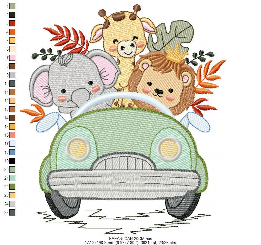 Safari animals in a car embroidery designs - Elephant Lion Giraffe embroidery design machine embroidery pattern - instant download pes jef