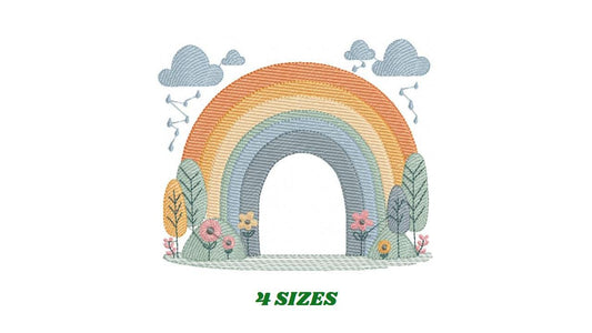 Boho Rainbow embroidery design - Rainbow with clouds and trees machine embroidery pattern - Baby girl file - Instant digital download pes jef dst