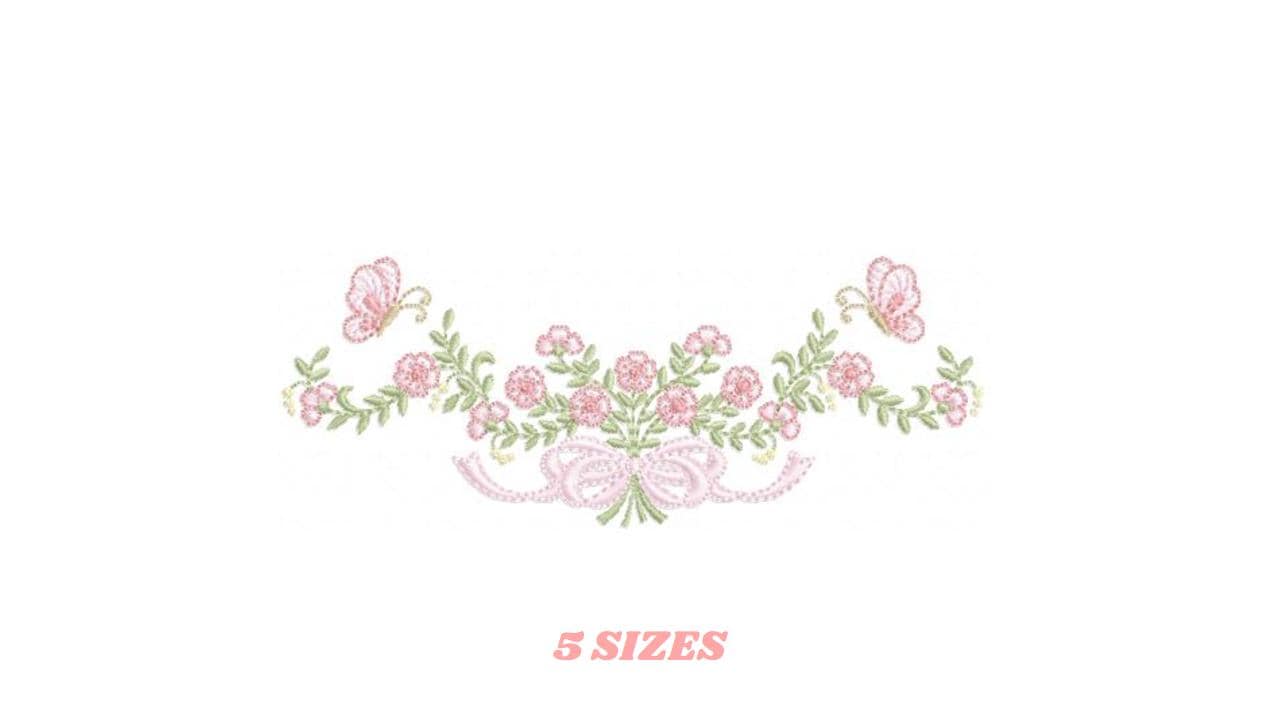 Floral Roses embroidery designs - Flowers with lace and butterflies embroidery machine embroidery pattern - Kitchen towel - instant download