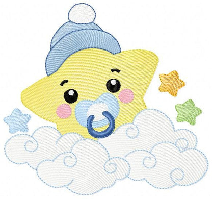 Star with cloud embroidery designs - Baby Star with pacifier and hat embroidery design machine embroidery pattern - instant download dst pes