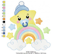 Laden Sie das Bild in den Galerie-Viewer, Star with rainbow embroidery designs - Baby boy star with hat and pacifier embroidery design machine embroidery pattern - Instant download
