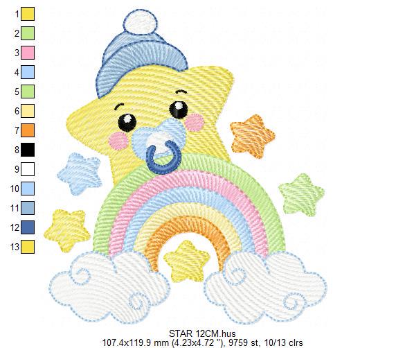 Star with rainbow embroidery designs - Baby boy star with hat and pacifier embroidery design machine embroidery pattern - Instant download