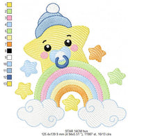 Laden Sie das Bild in den Galerie-Viewer, Star with rainbow embroidery designs - Baby boy star with hat and pacifier embroidery design machine embroidery pattern - Instant download
