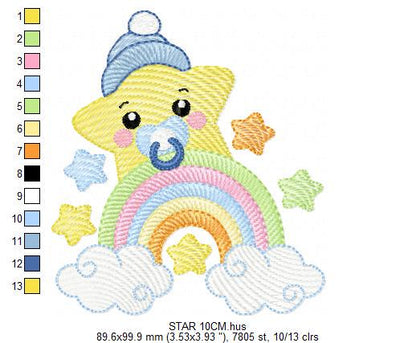 Star with rainbow embroidery designs - Baby boy star with hat and pacifier embroidery design machine embroidery pattern - Instant download