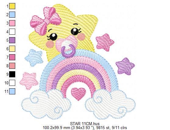 Star with rainbow embroidery designs - Girl Baby Star with pacifier and lace embroidery design machine embroidery pattern - instant download