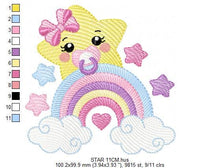 Laden Sie das Bild in den Galerie-Viewer, Star with rainbow embroidery designs - Girl Baby Star with pacifier and lace embroidery design machine embroidery pattern - instant download
