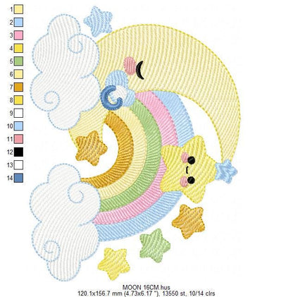 Half Moon embroidery design - Baby boy moon with rainbow and pacifier stars embroidery design machine embroidery pattern - instant download