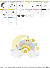 Load image into Gallery viewer, Half Moon embroidery design - Baby boy moon with rainbow and pacifier stars embroidery design machine embroidery pattern - instant download
