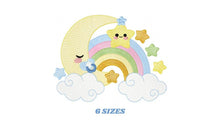 Load image into Gallery viewer, Half Moon embroidery design - Baby boy moon with rainbow and pacifier stars embroidery design machine embroidery pattern - instant download
