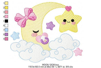 Moon with star embroidery design - Half moon embroidery design machine embroidery pattern - Stars clouds pacifier lace - instant download