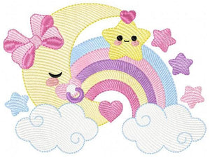 Moon with rainbow embroidery design - Baby Girl Half moon with pacifier star embroidery design machine embroidery pattern - instant download