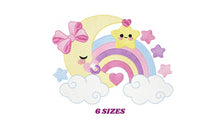 Cargar imagen en el visor de la galería, Moon with rainbow embroidery design - Baby Girl Half moon with pacifier star embroidery design machine embroidery pattern - instant download
