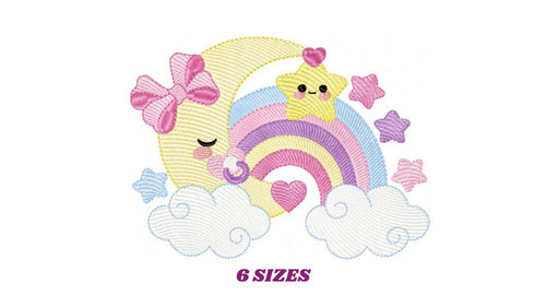 Moon with rainbow embroidery design - Baby Girl Half moon with pacifier star embroidery design machine embroidery pattern - instant download