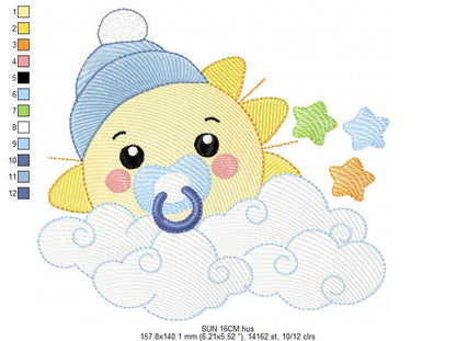 Sun with pacifier and hat embroidery design - Cloud and stars embroidery design machine embroidery pattern - instant download jef pes dst
