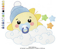 Load image into Gallery viewer, Sun with pacifier and hat embroidery design - Cloud and stars embroidery design machine embroidery pattern - instant download jef pes dst
