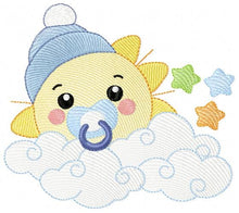 Load image into Gallery viewer, Sun with pacifier and hat embroidery design - Cloud and stars embroidery design machine embroidery pattern - instant download jef pes dst
