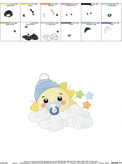 Sun with pacifier and hat embroidery design - Cloud and stars embroidery design machine embroidery pattern - instant download jef pes dst