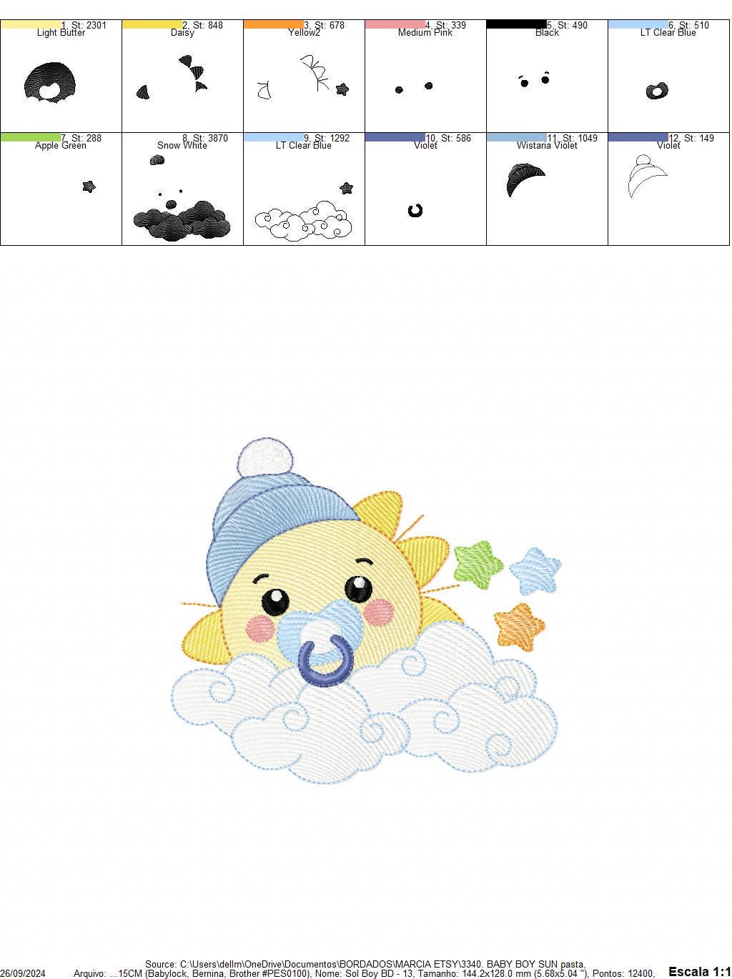 Sun with pacifier and hat embroidery design - Cloud and stars embroidery design machine embroidery pattern - instant download jef pes dst