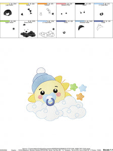 Sun with pacifier and hat embroidery design - Cloud and stars embroidery design machine embroidery pattern - instant download jef pes dst