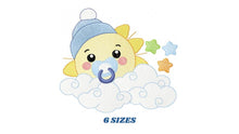 Load image into Gallery viewer, Sun with pacifier and hat embroidery design - Cloud and stars embroidery design machine embroidery pattern - instant download jef pes dst
