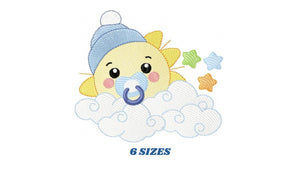 Sun with pacifier and hat embroidery design - Cloud and stars embroidery design machine embroidery pattern - instant download jef pes dst