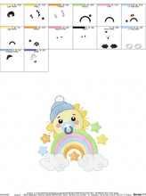 Load image into Gallery viewer, Sun with pacifier embroidery design - Rainbow embroidery design machine embroidery pattern - Stars clouds hat - instant download pes jef dst
