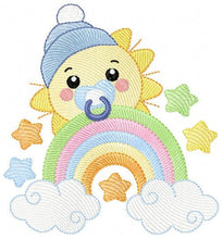 Load image into Gallery viewer, Sun with pacifier embroidery design - Rainbow embroidery design machine embroidery pattern - Stars clouds hat - instant download pes jef dst
