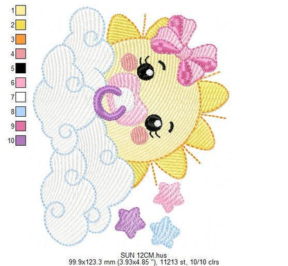 Sun with pacifier embroidery design - Clouds and stars embroidery design machine embroidery pattern - sky embroidery file - instant download