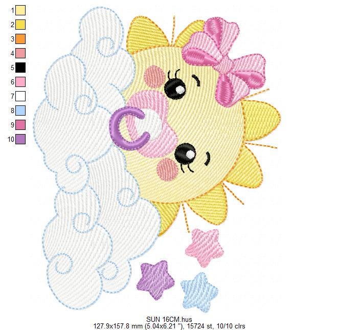 Sun with pacifier embroidery design - Clouds and stars embroidery design machine embroidery pattern - sky embroidery file - instant download