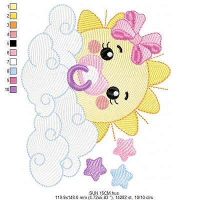 Sun with pacifier embroidery design - Clouds and stars embroidery design machine embroidery pattern - sky embroidery file - instant download