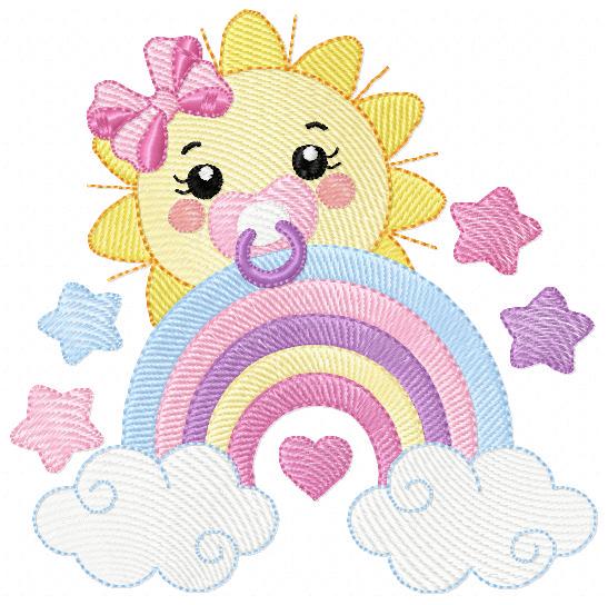 Sun with pacifier embroidery design - Rainbow embroidery design machine embroidery pattern - sky clouds stars lace - instant download pes