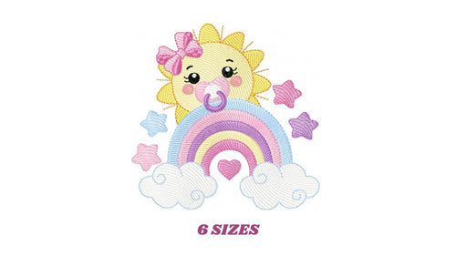 Sun with pacifier embroidery design - Rainbow embroidery design machine embroidery pattern - sky clouds stars lace - instant download pes