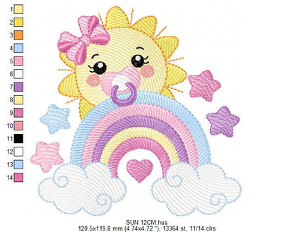 Sun with pacifier embroidery design - Rainbow embroidery design machine embroidery pattern - sky clouds stars lace - instant download pes