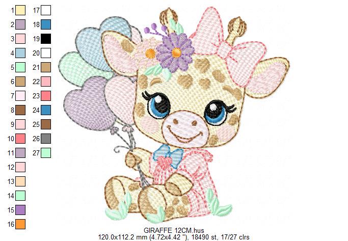 Giraffe with heart balloons embroidery design - Girl Animal with flowers embroidery designs machine embroidery pattern - instant download