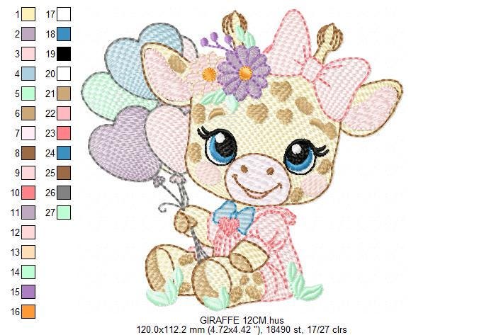 Giraffe with heart balloons embroidery design - Girl Animal with flowers embroidery designs machine embroidery pattern - instant download