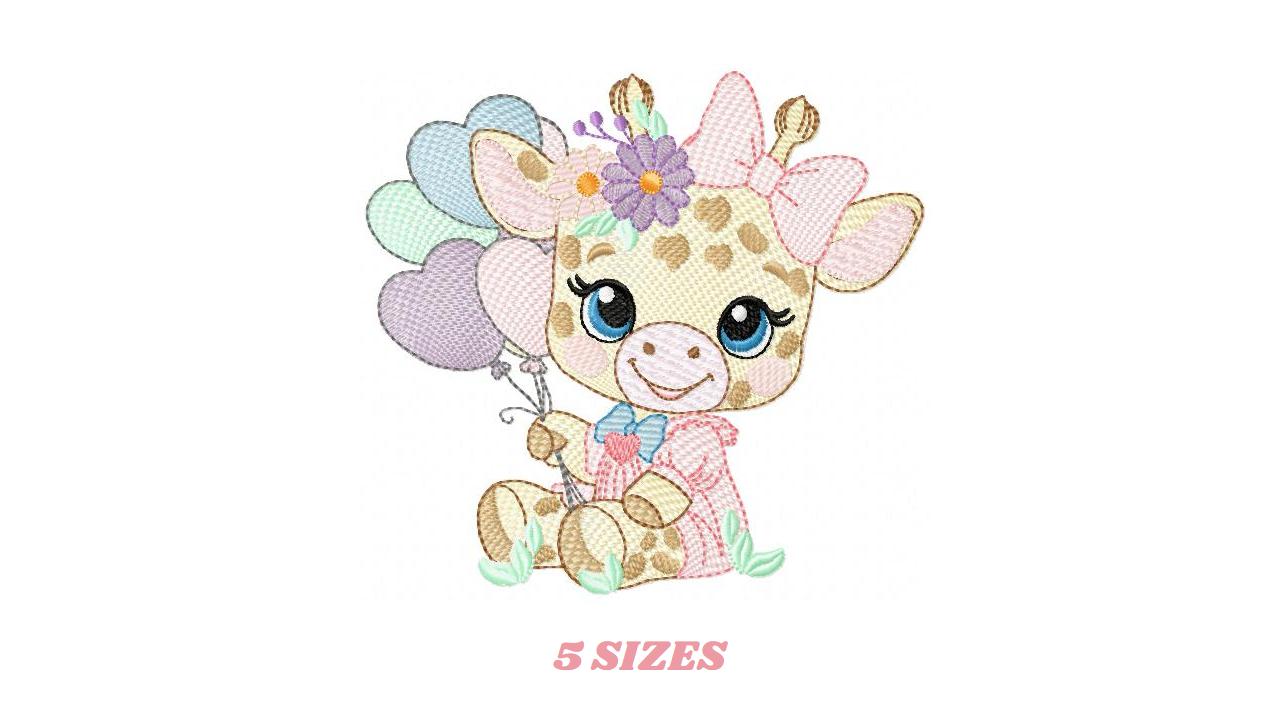 Giraffe with heart balloons embroidery design - Girl Animal with flowers embroidery designs machine embroidery pattern - instant download