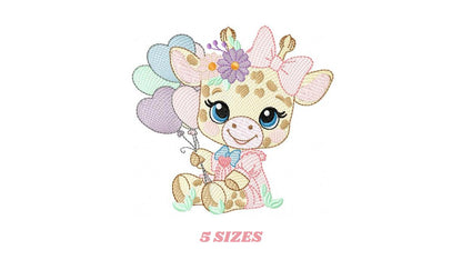 Giraffe with heart balloons embroidery design - Girl Animal with flowers embroidery designs machine embroidery pattern - instant download