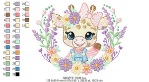 Giraffe with lace and flowers frame embroidery design - Female Girl Animal embroidery designs machine embroidery pattern - instant download