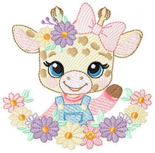 Load image into Gallery viewer, Giraffe with lace and flowers frame embroidery design - Female Girl Animal embroidery designs machine embroidery pattern - instant download
