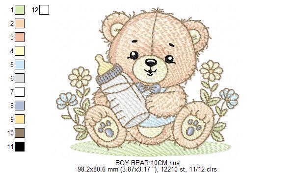 Male Bear with feeding bottle embroidery designs - Boy with flowers embroidery design machine embroidery pattern - instant download pes jef